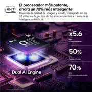 LG OLED evo C6 AI TV’s alpha 11 AI Processor 4K Gen3 glows in purple and blue light on a dark circuit board, highlighting the Dual AI Engine and delivering NPU up to x5.6 faster, CPU 50% faster, and GPU 70% stronger performance.